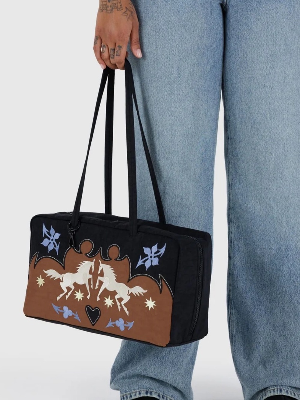 New! BAGGU! MEDIUM NYLON BOWLER BAG - WESTERN APPLIQUÉ / NWT / Flawless
